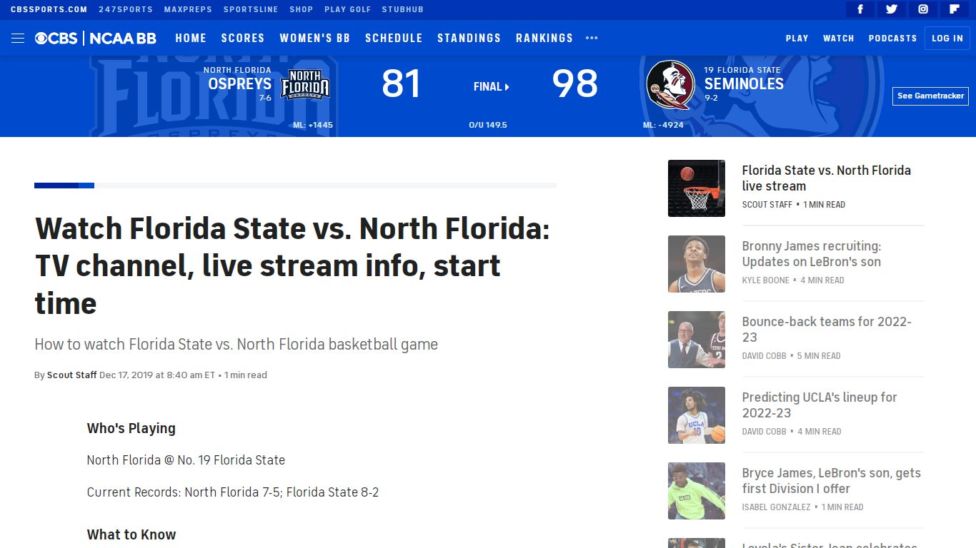 Watch Florida State vs. North Florida: TV channel, live stream info ...